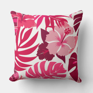 Coussin Hibiscus rose tropical et Motif Feuille de Monster