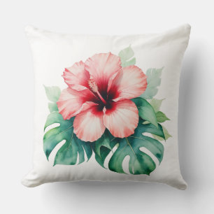 Coussin Hibiscus rouge hawaïen avec Monstera Hawaii Love