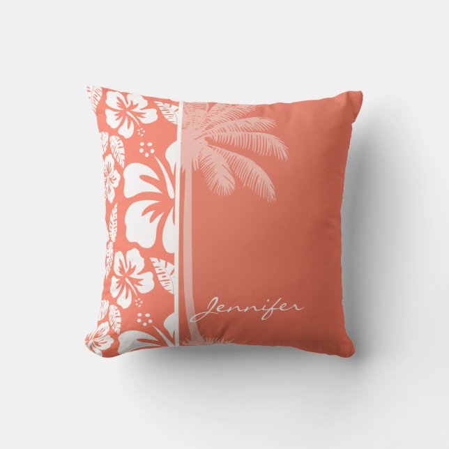 Coussin Hibiscus Tropical De Couleur De Corail ; Palme D'É (Recto)