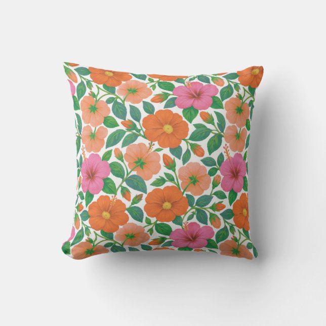 Coussin Hibiscus Tropical en Rose, Abricot et Orange (Recto)