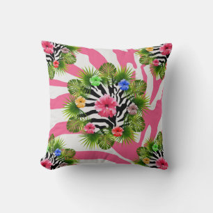 Coussin Hibiscus tropical et rayures exotiques de zèbre ro