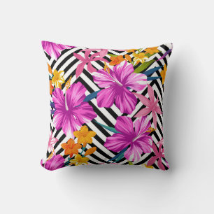 Coussin Hibiscus tropical, feuilles de palmiers, géométriq