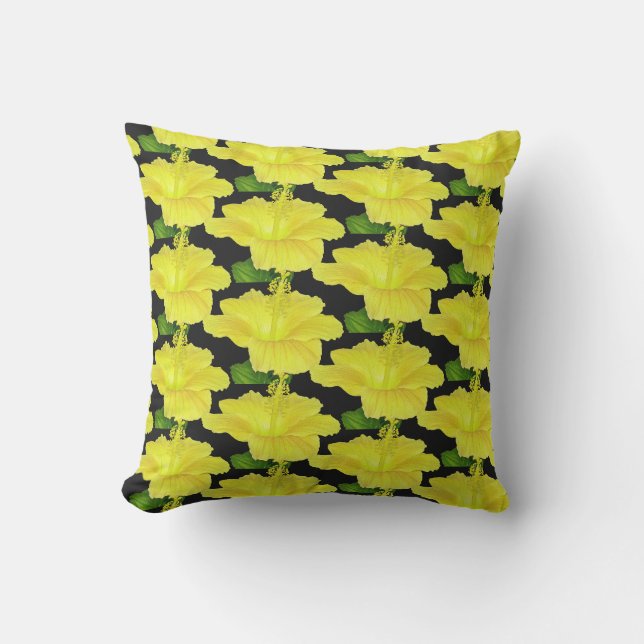 Coussin Hibiscus Tropical Fleur Noir et Jaune (Recto)