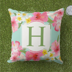 Coussin Hibiscus Tropical Monogramme Aqua Floral