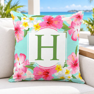 Coussin Hibiscus Tropical Monogramme Aqua Floral