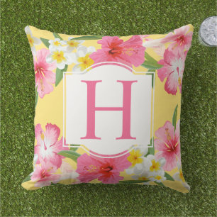 Coussin Hibiscus Tropical Monogramme Jaune Floral