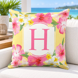 Coussin Hibiscus Tropical Monogramme Jaune Floral