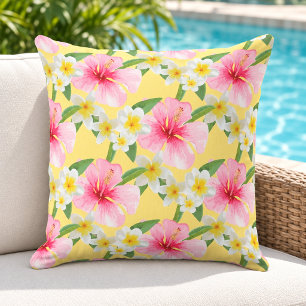 Coussin Hibiscus tropical motif Plumeria jaune