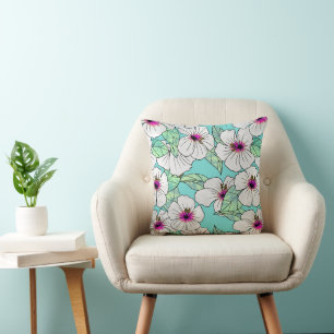 Coussin Hibiscus tropical rose et blanc Motif floral