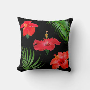 Coussin Hibiscus tropicaux Fleurs et Feuilles de palmiers
