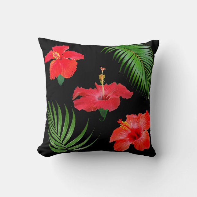 Coussin Hibiscus tropicaux Fleurs et Feuilles de palmiers  (Recto)