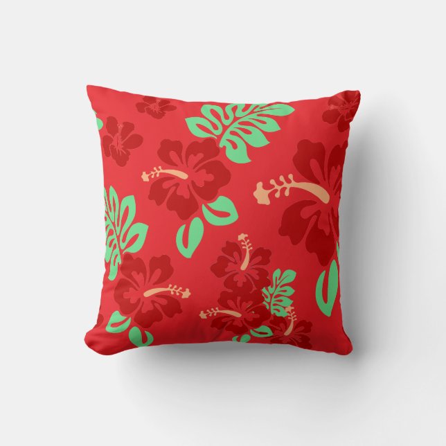 Coussin Hibiscus tropicaux rouge et vert modèle floral (Recto)