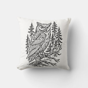 Coussin Hibou à cornes détaillé dans une gravure linéaire