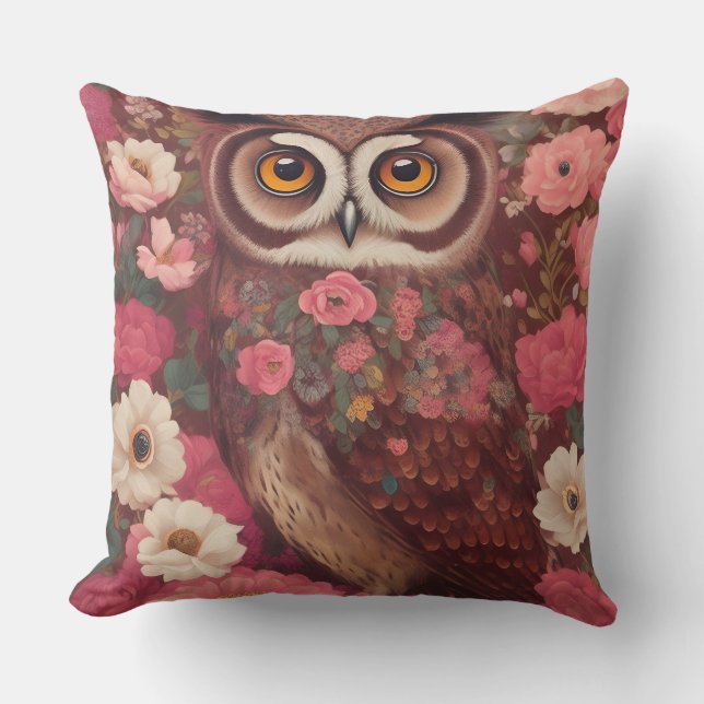 Coussin Hibou aux grands yeux devant des fleurs #3 (Recto)