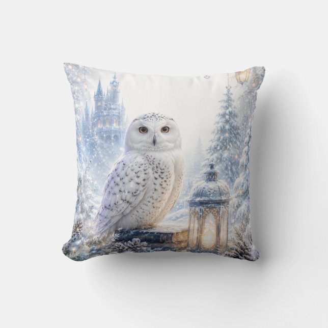 Coussin Hibou Blanc Magie d'Hiver (Recto)