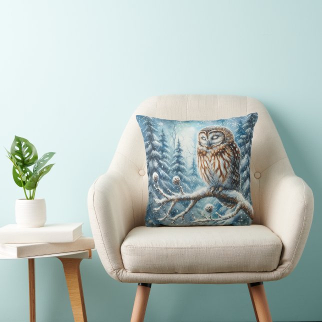 Coussin Hibou des bois Sérène Forêt d'hiver Faune (Chaise)