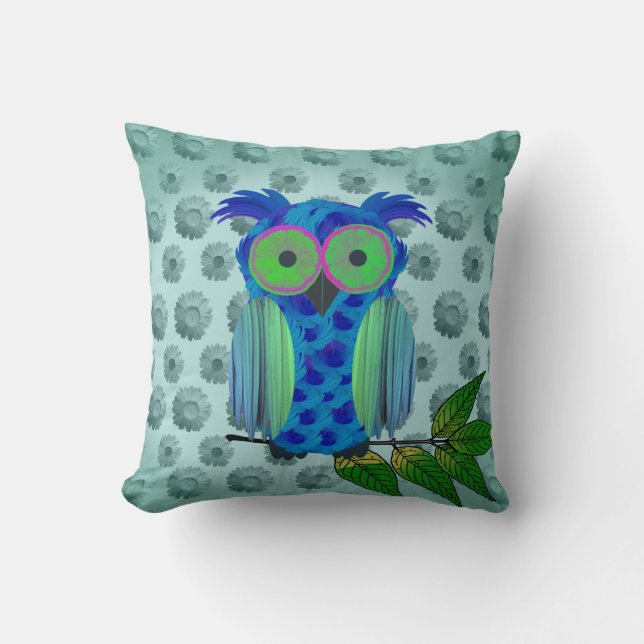 Coussin Hibou floral bleu (Recto)