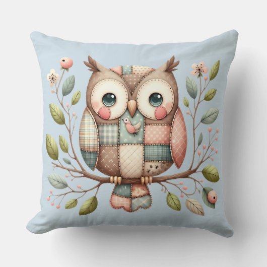 Coussin Hibou Patchwork dans une Forêt Féerique (Recto)