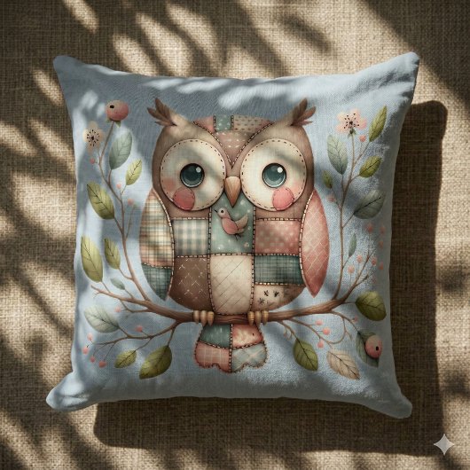 Coussin Hibou Patchwork dans une Forêt Féerique