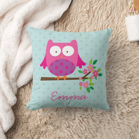 Coussin Hibou rose sur un carreau personnalisé par branche (Couverture)
