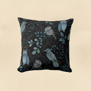 Coussin Hibouc bleu nordique Aquarelle florale