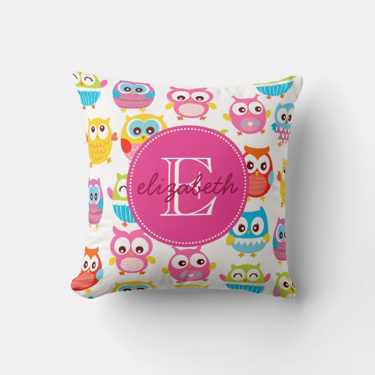Coussin Hiboux mignons de Litte décorés d'un monogramme (Recto)