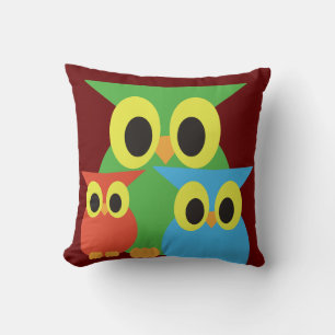 Coussin Hiboux verts, rouges et bleus