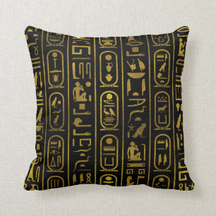 Coussin Hiéroglyphes antiques égyptiens d'or sur le noir