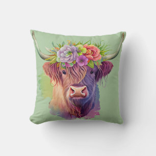 Coussin Highland Cow aquarelle avec fleurs