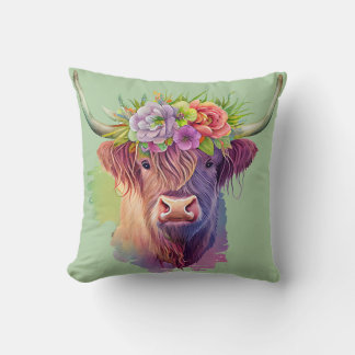 Coussin Highland Cow aquarelle avec fleurs