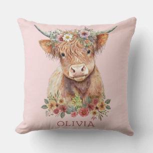 Coussin Highland Cow rose Floral Whimsical mignon fille