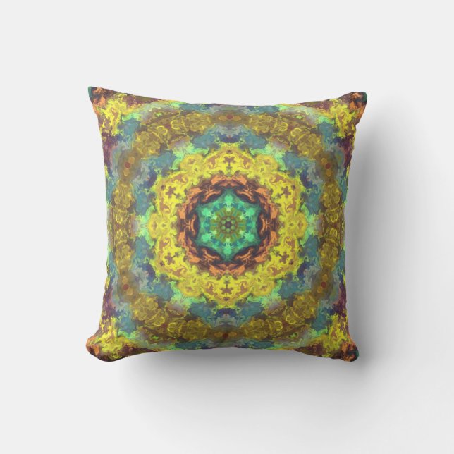 Coussin Hippie psychédélique jaune bleu et vert (Recto)