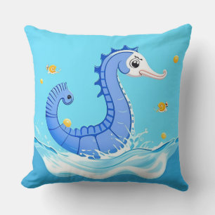 Coussin Hippocampe de dessin animé joueur dans l'eau bleue