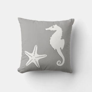 Coussin Hippocampe et étoile de mer - blanc sur gris argen