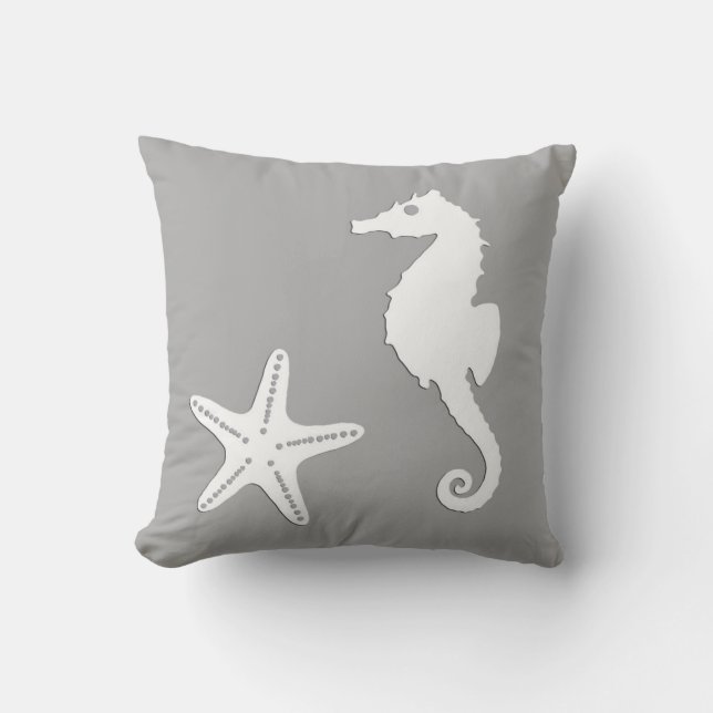 Coussin Hippocampe et étoile de mer - blanc sur gris argen (Recto)