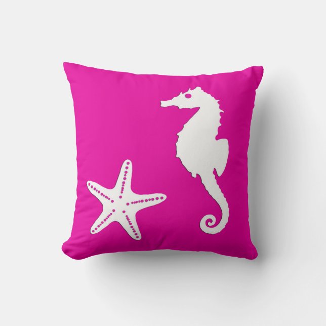 Coussin Hippocampe et étoile de mer - blanc sur rose fuchs (Recto)