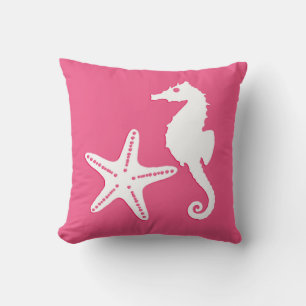 Coussin Hippocampe et étoiles de mer - Coral rose et blanc