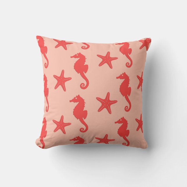 Coussin Hippocampe et étoiles de mer - nuances de corail o (Recto)