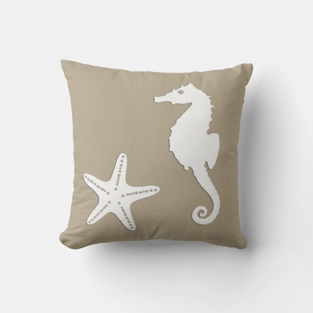 Coussin Hippocampe et poisson-étoiles - blanc sur taupe (Recto)