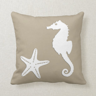 Coussin Hippocampe et poisson-étoiles - blanc sur taupe