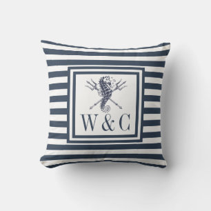 Coussin Hippocampe Monogramme Rayures Bleu Marine Nautique