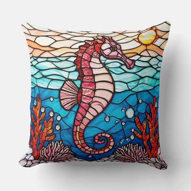 Coussin Hippocampe rose et corail océanique (Recto)