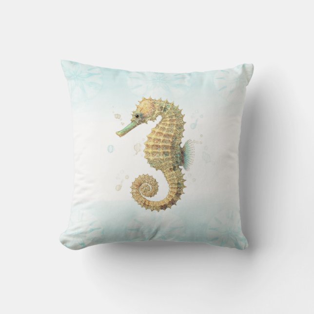 Coussin Hippocampe sarcelle et or aquarelle plage côtière (Recto)