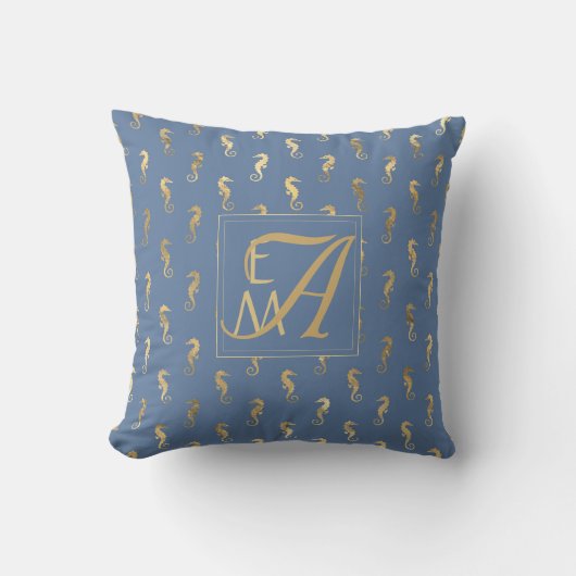 Coussin Hippocampes Monogrammes Décor Doré Bleu Elégant (Recto)