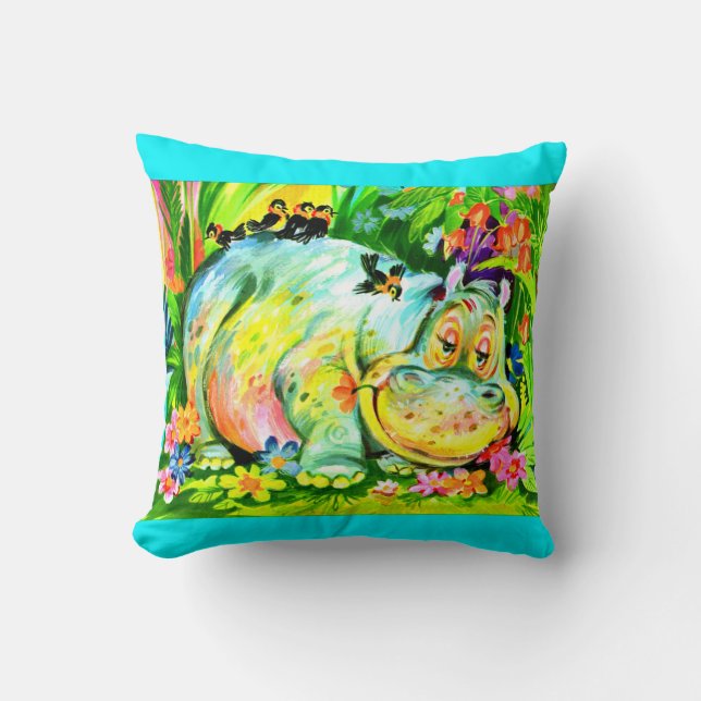 Coussin hippopotames et oiseaux aux couleurs vives (Recto)