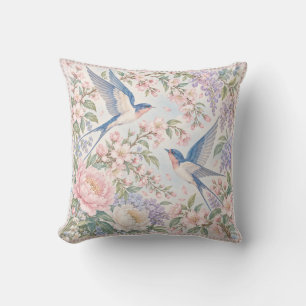 Coussin Hirondelles bleues à la bordure florale pastel