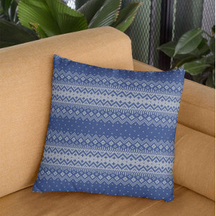 Coussin Hiver Blanc & Bleu Fair Isle Tricot Motif