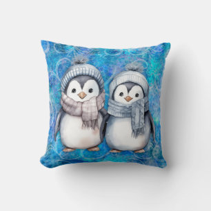 Coussin Hiver Bleu Aquarelle Pingouins Écarts Casquette