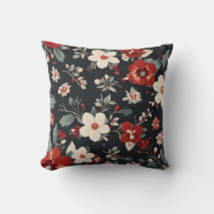 Coussin hiver fleurs blanches et rouges, gris bleu feuille