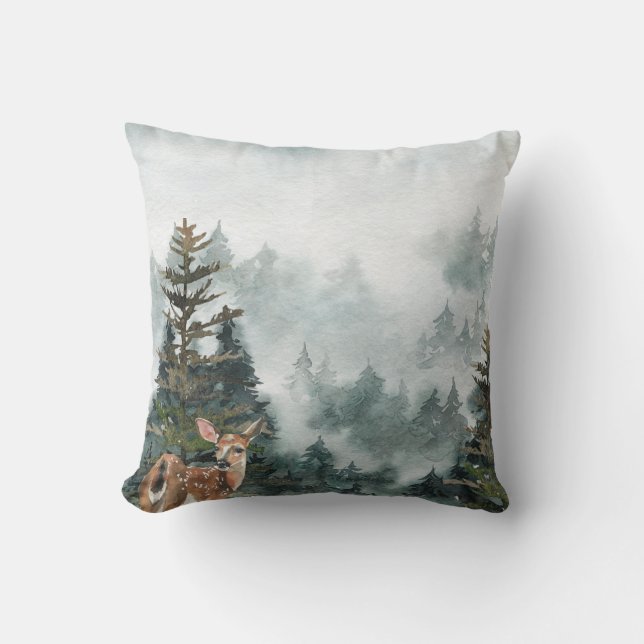 Coussin Hiver Forêt forestière Foggy Mountain Doe (Recto)